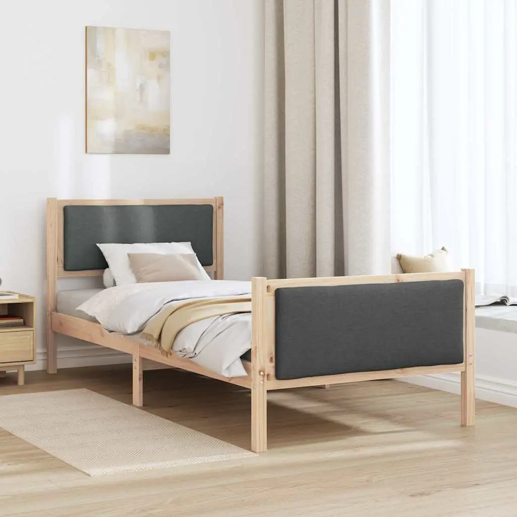 Bed Frame Solid Pine Wood 90 x 190 cm Polyester Upholstered Headboard Slatted Base Brown