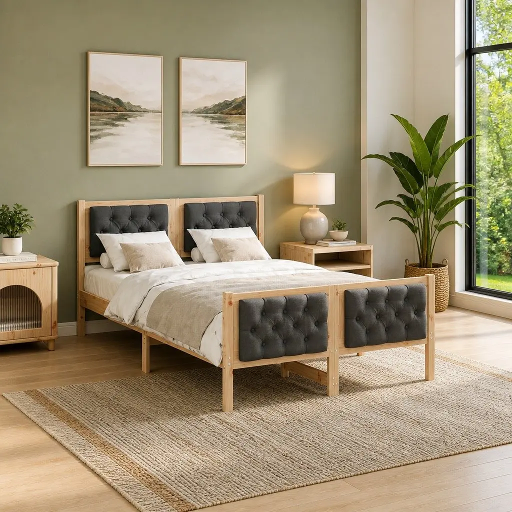 Bed Frame Solid Pine Wood 135 x 190 cm Grey with Headboard