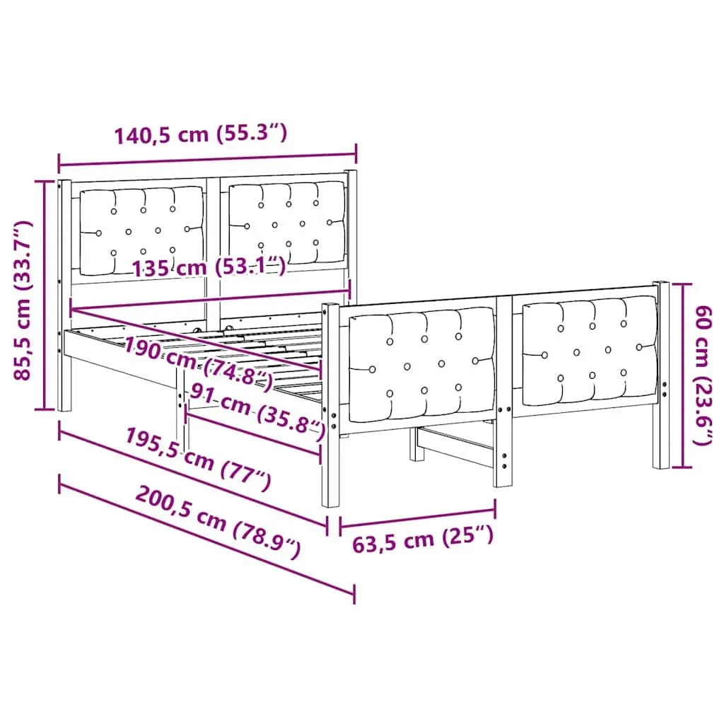 Bed Frame Solid Pine Wood 135 x 190 cm Grey with Headboard