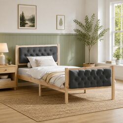 Bed Frame with Headboard 90 x 190 cm Solid Pine Wood Slatted Base Modern Design