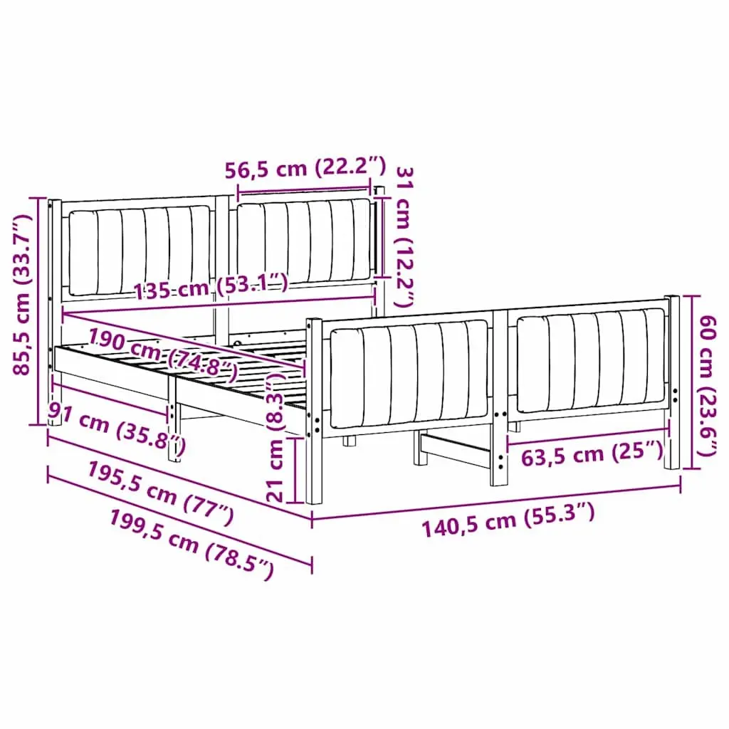 Bed Frame Solid Pine Wood 135 x 190 cm Brown Dark Grey Platform