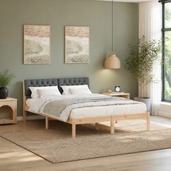 Platform Bed Frame 135 x 190 cm Brown Dark Grey Solid Pine Wood Modern Bedroom