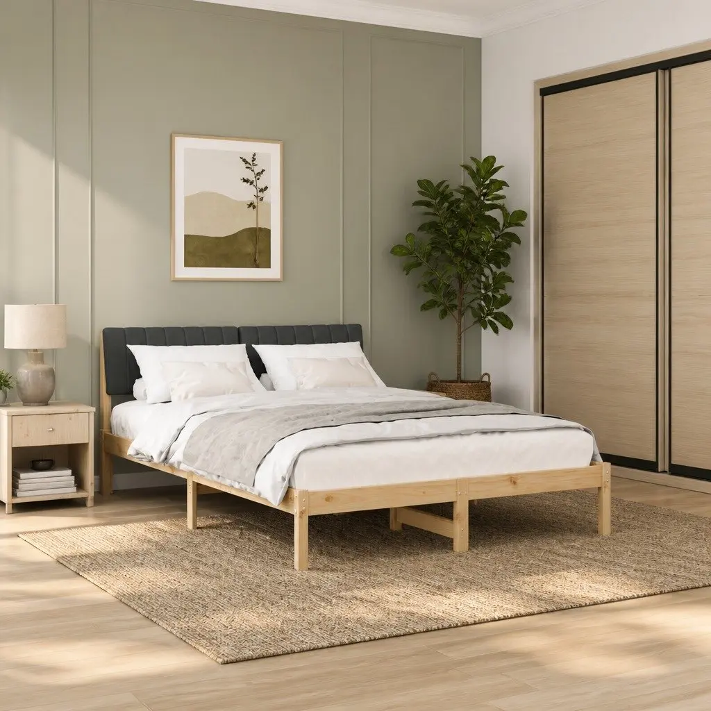 Bed Frame 135 x 190 cm Solid Pine Wood Brown Dark Grey Headboard Slatted