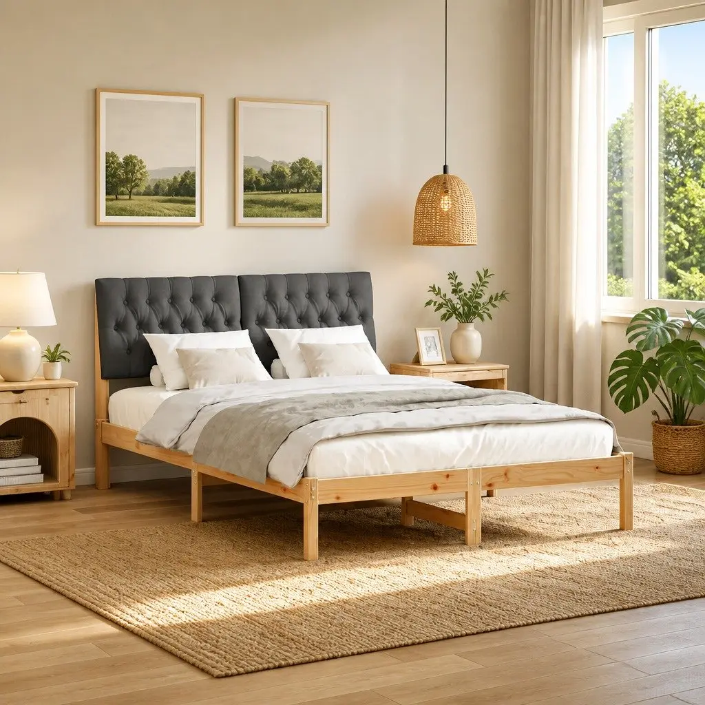 Bed Frame Platform Solid Pine 135 x 190 cm Brown with Light Grey Upholstered Headboard