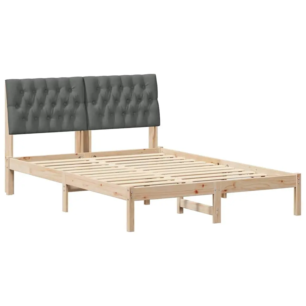 Bed Frame Platform Solid Pine 135 x 190 cm Brown with Light Grey Upholstered Headboard