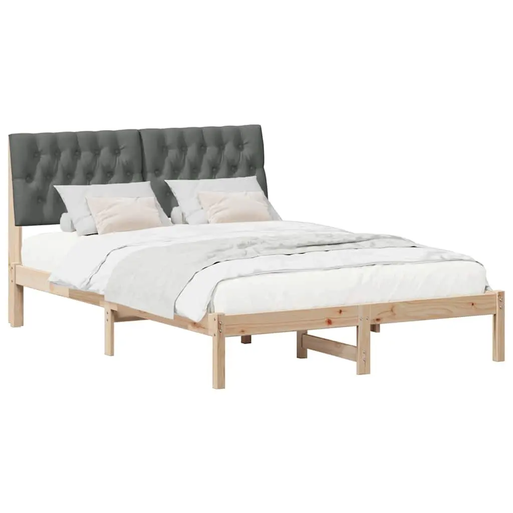 Bed Frame Platform Solid Pine 135 x 190 cm Brown with Light Grey Upholstered Headboard