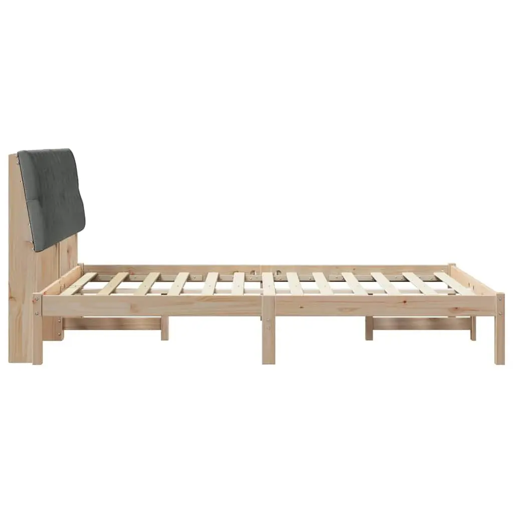 Bed Frame Platform Solid Pine 135 x 190 cm Brown with Light Grey Upholstered Headboard