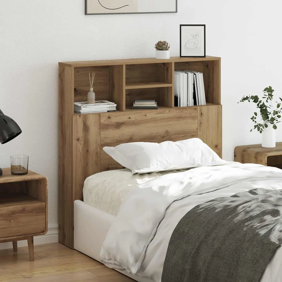Headboard Cabinet Wall-Mounted Bedroom Storage Shelving Modern Brown Engineered