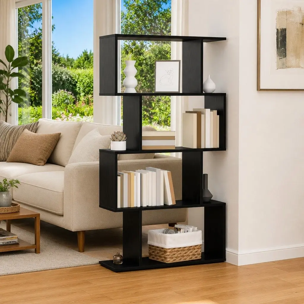 Book Cabinet Black Oak Storage Shelves Modern Engineered Wood Freestanding Unit