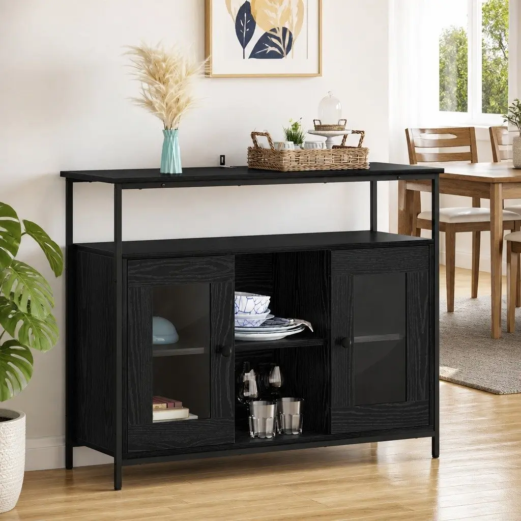 Sideboard Black Oak Modern Engineered Wood Storage Cabinet Dining Kitchen Buffet