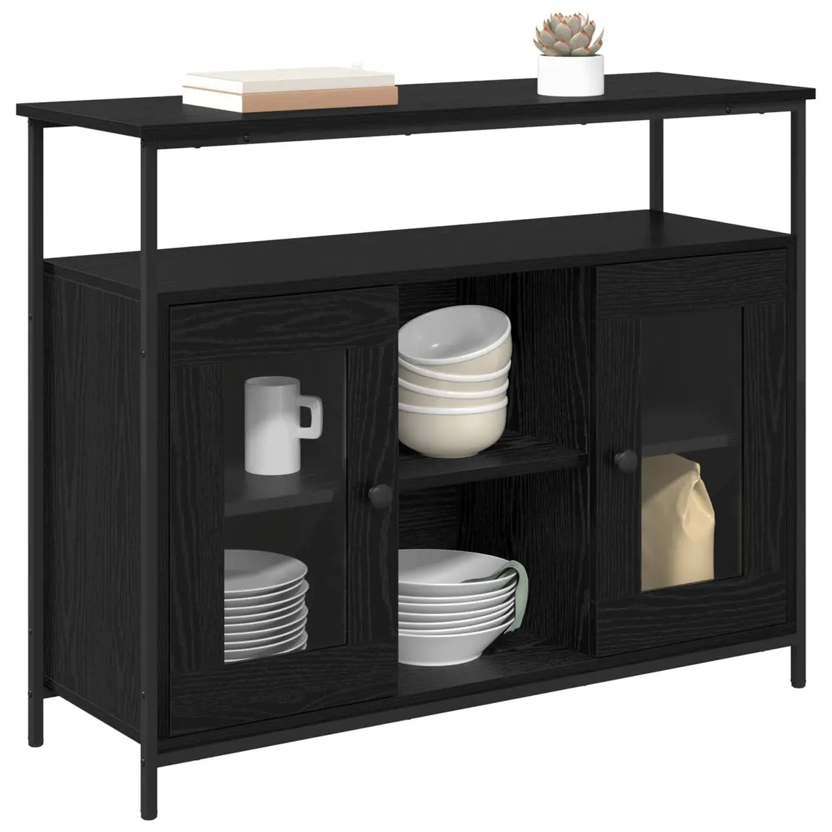 Sideboard Black Oak Modern Engineered Wood Storage Cabinet Dining Kitchen Buffet