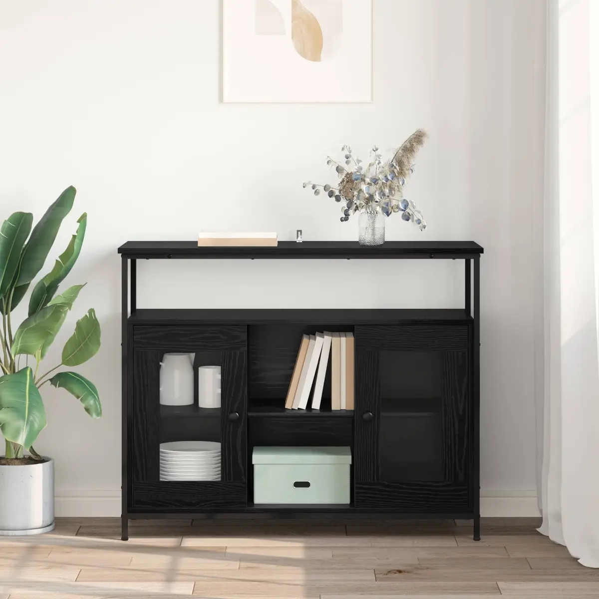 Sideboard Black Oak Modern Engineered Wood Storage Cabinet Dining Kitchen Buffet