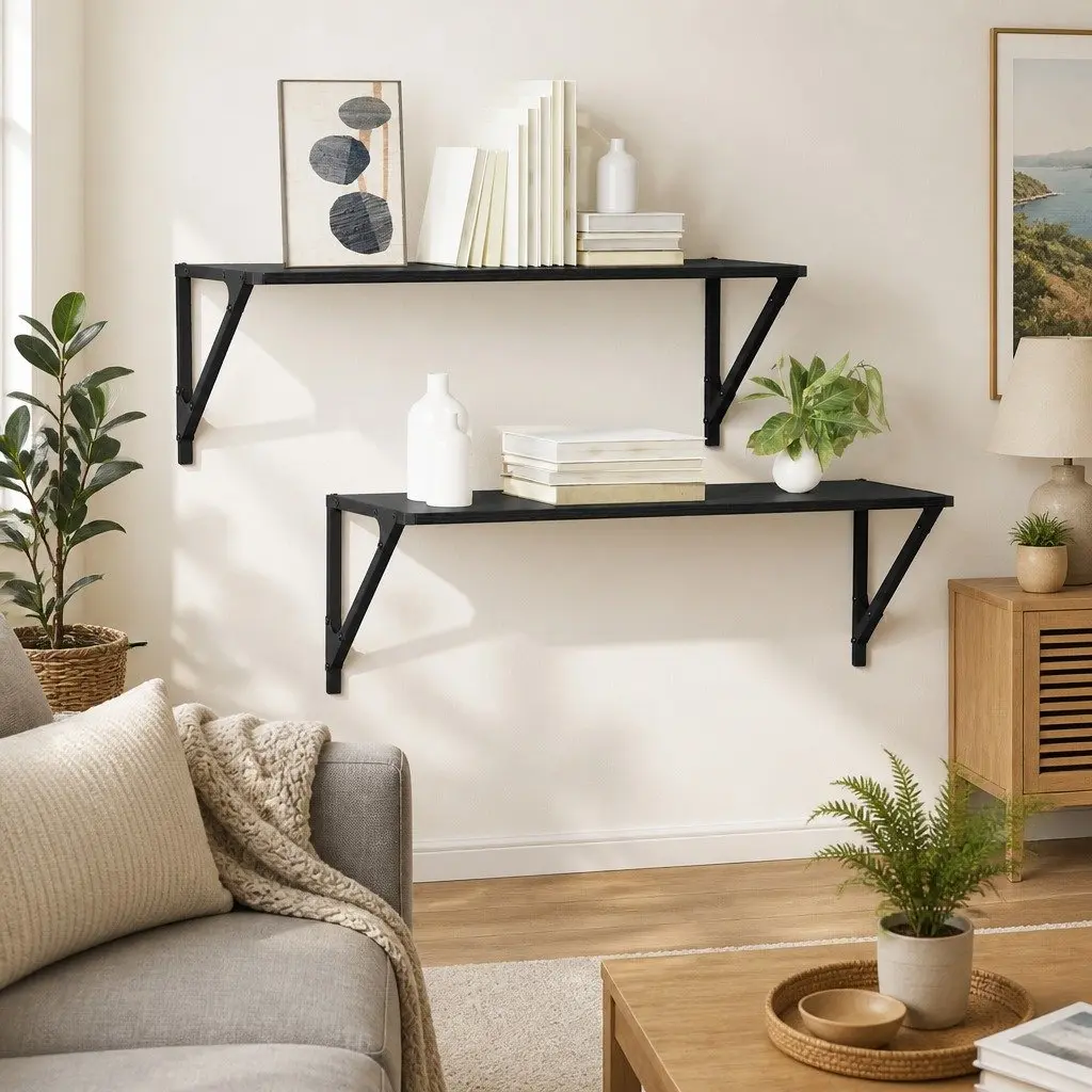 Wall Shelves Engineered Wood Black 80cm x 25cm x 25.5cm Floating Set of 2 Modern