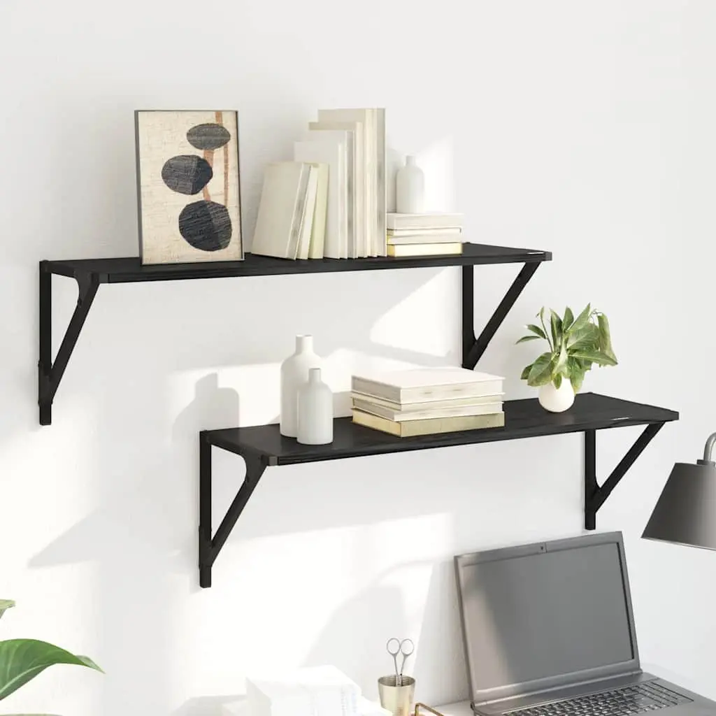 Wall Shelves Engineered Wood Black 80cm x 25cm x 25.5cm Floating Set of 2 Modern