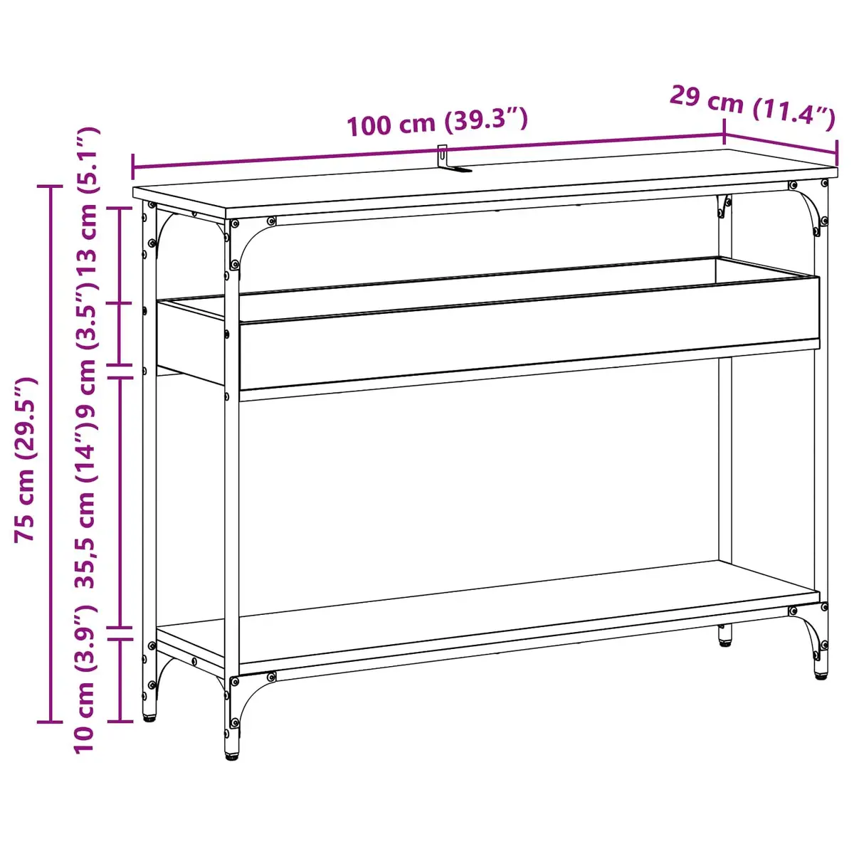 Console Table Engineered Wood Steel Frame 100 x 29 x 75 cm Black Oak
