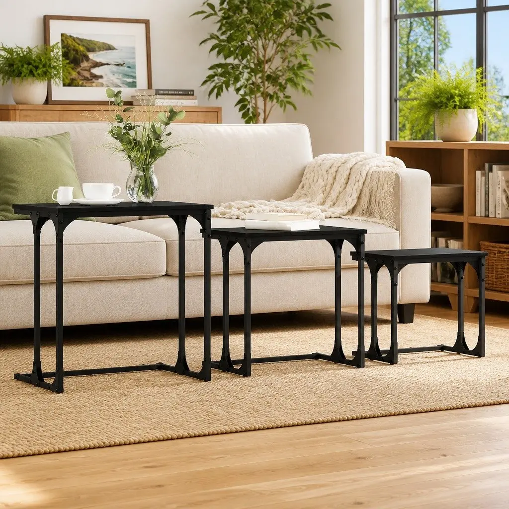 Nesting Coffee Table Engineered Wood Steel Frame 3 Piece Black Industrial Modern Living Room Accent Tables Set
