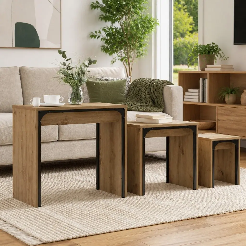 Nesting Coffee Table Set 3 pcs Brown Modern Rectangular Living Room Furniture
