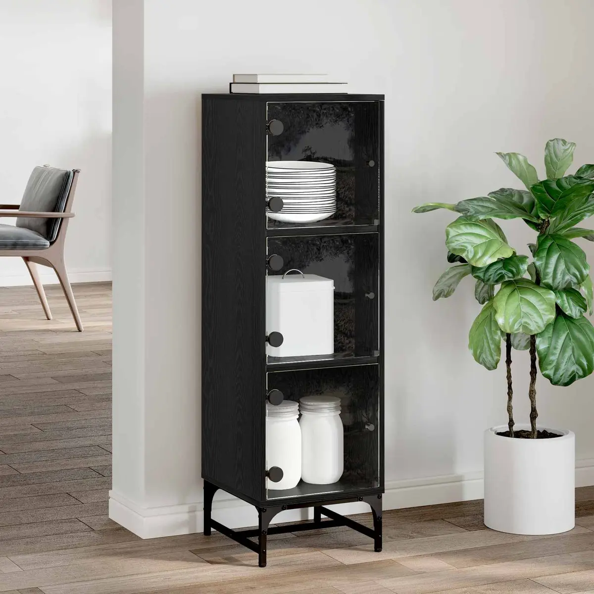 Black Sideboard Engineered Wood 35 x 37 x 117 cm Modern Storage Cabinet
