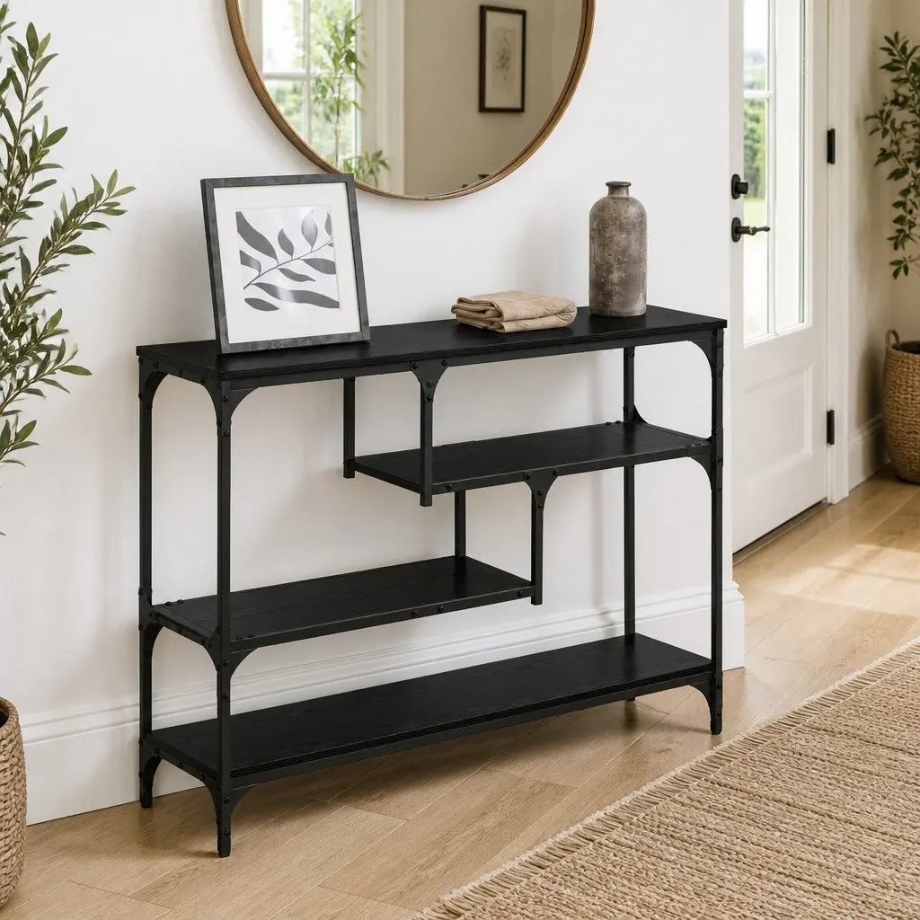 Console Table Engineered Wood Steel Frame 100 x 30 x 75 cm Black Industrial Style