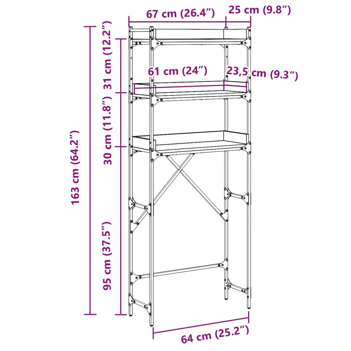 Washing Machine Shelf Unit Engineered Wood Steel 67 x 25 x 163 cm Black