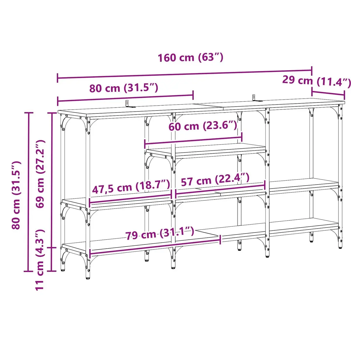 Console Table Steel Frame Engineered Wood 160 x 29 x 80 cm Brown