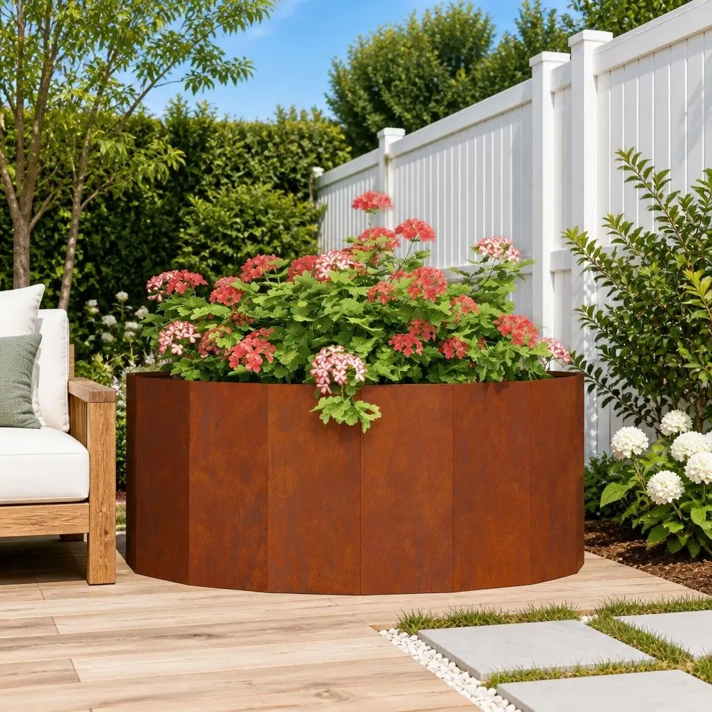 Half Round Garden Planter Steel 120x60x50cm Brown Outdoor