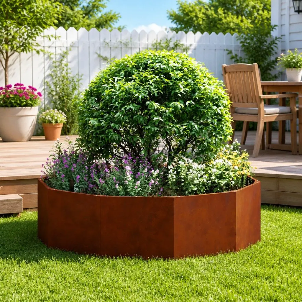 Round Steel Planter Outdoor 120cm x 120cm x 35cm Brown Garden Decor