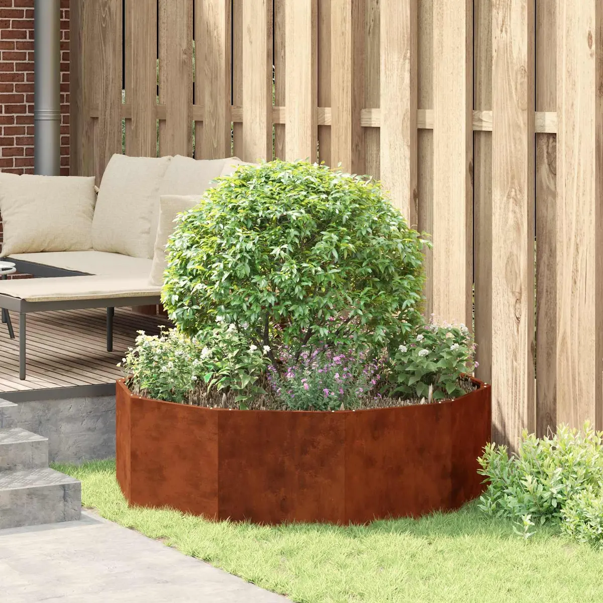 Round Steel Planter Outdoor 120cm x 120cm x 35cm Brown Garden Decor