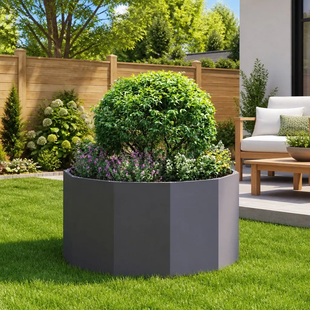 Round Steel Garden Planter 90x90x50cm Black Outdoor Patio Pot Container