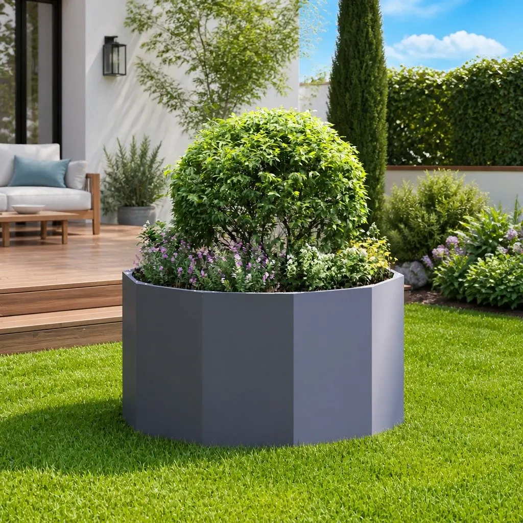 Round Steel Garden Planter Anthracite 90x90x50cm Outdoor Patio Pot Container