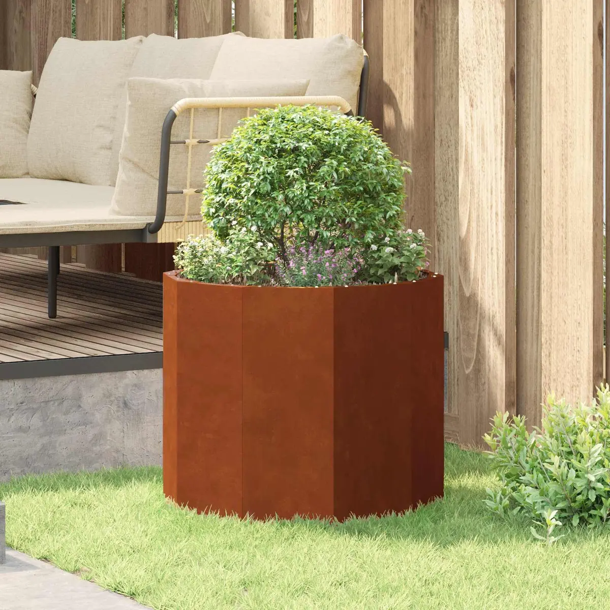 Round Garden Planter Steel Outdoor Patio Terrace Weathered 60x60x50cm