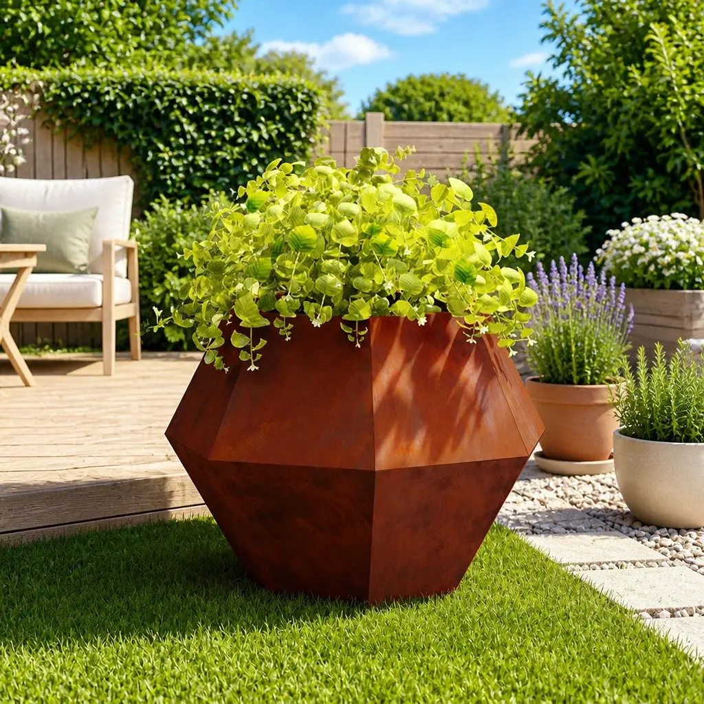 Rectangular Steel Garden Planter Outdoor Patio Terrace Planter Box Brown 100 x 100 x 80 cm