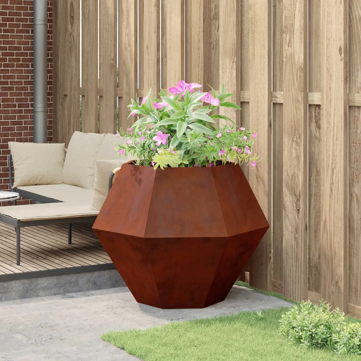 Rectangular Steel Garden Planter Outdoor Patio Terrace Planter Box Brown 100 x 100 x 80 cm