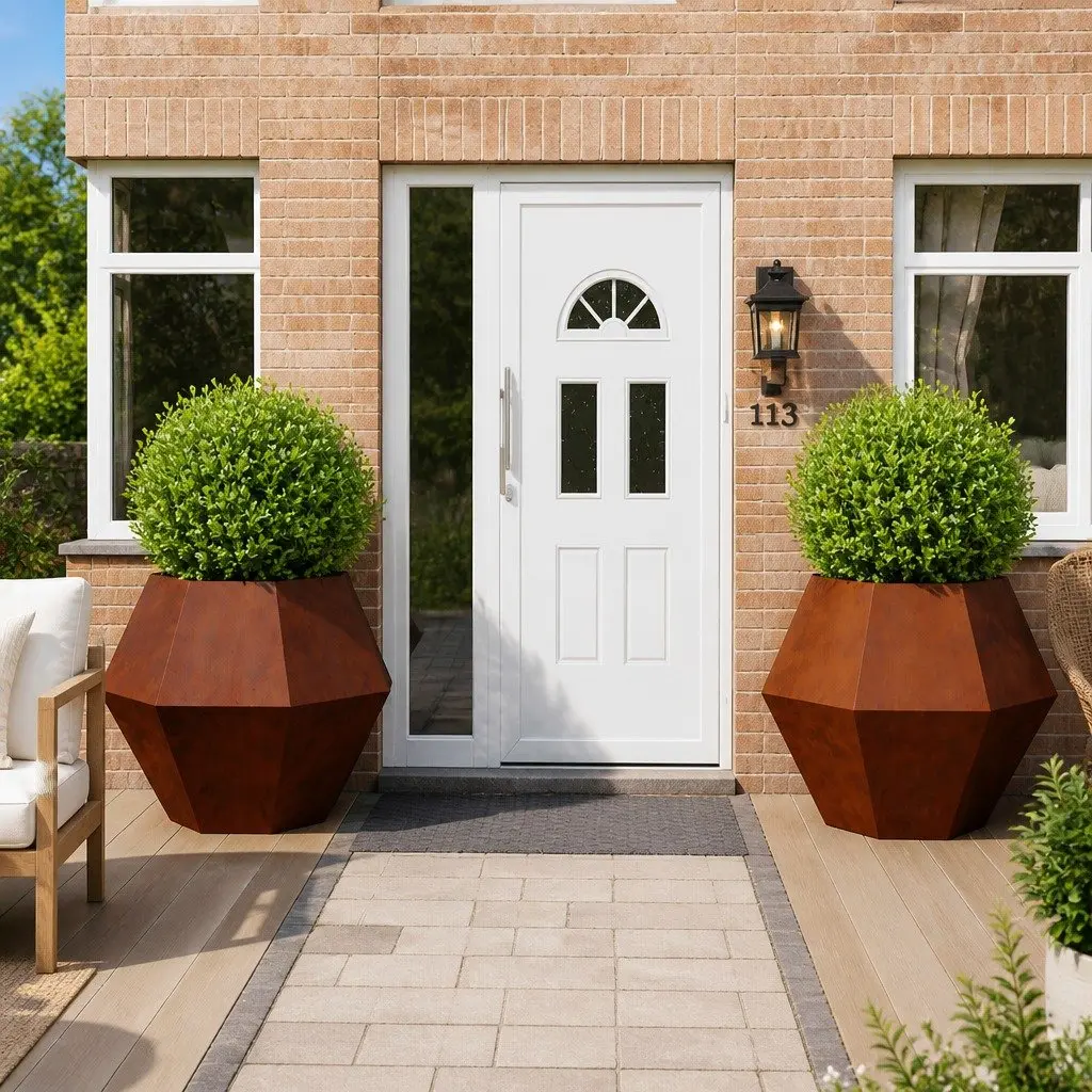 Outdoor Rectangular Planter Set Brown Steel Weathering 2 Pieces Suitable for Garden Patio Terrace