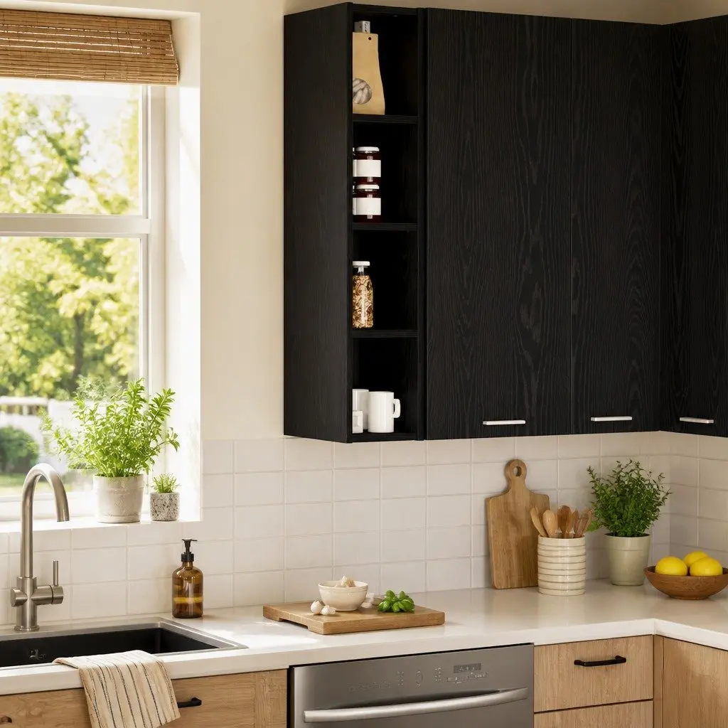 Hanging Kitchen Cabinet Engineered Wood Black Oak Modern Wall Unit 20 x 29.5 x 100 cm