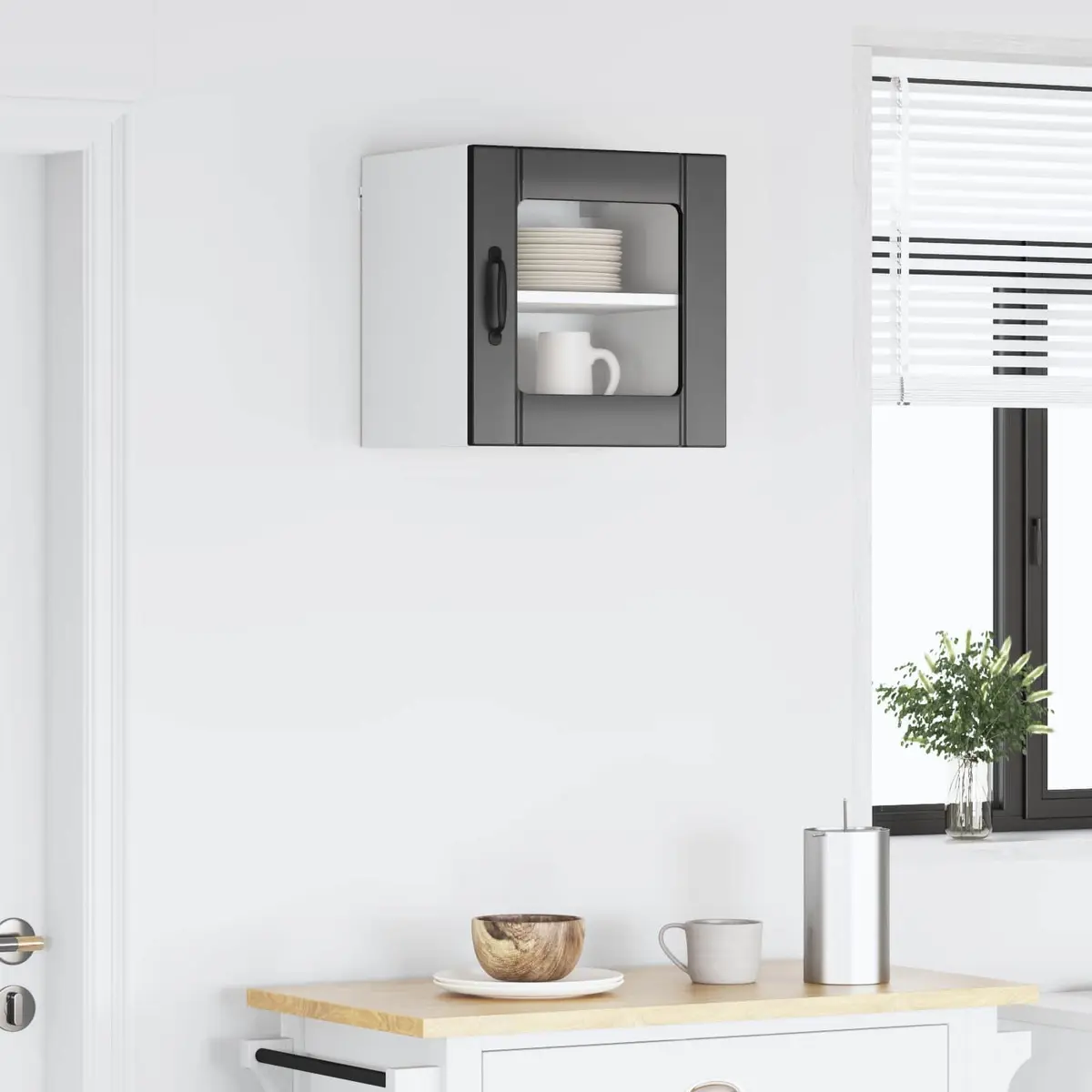 Wall Mount Cabinet Engineered Wood Black Rectangular Modern Kitchen Storage