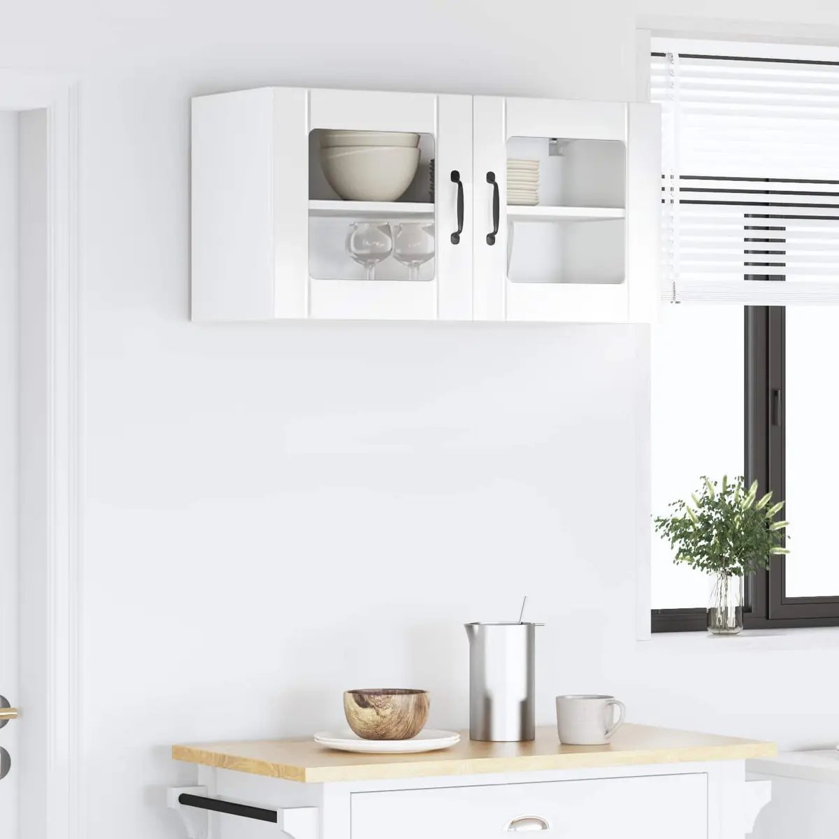 Wall Glass Cabinet Engineered Wood 80cm High Gloss White Modern Kitchen Furniture