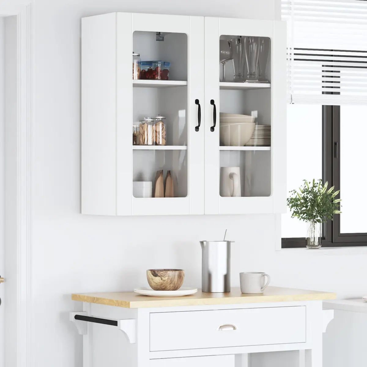 Glass Wall Cabinet Engineered Wood Modern White 40x31x80cm Kitchen Storage