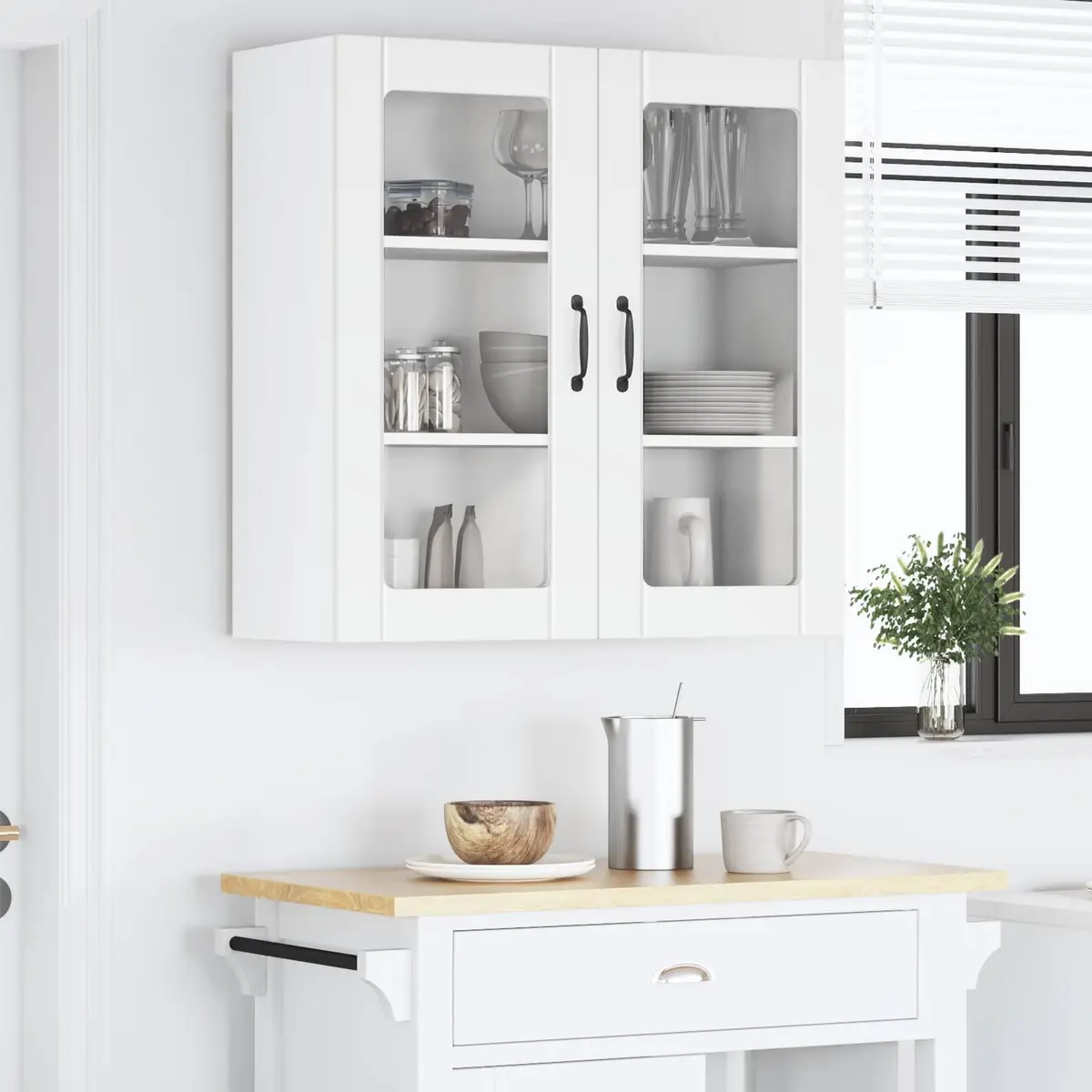 Wall Mounted Kitchen Cabinet Engineered Wood White 80x31x80cm Storage Unit with Glass Front Panel