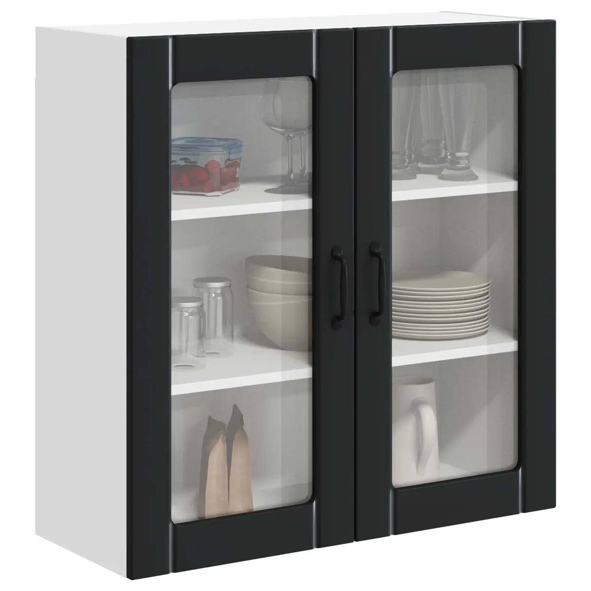 Black Engineered Wood Wall Cabinet Modern 80 x 31 x 80 cm Kitchen Storage Glass