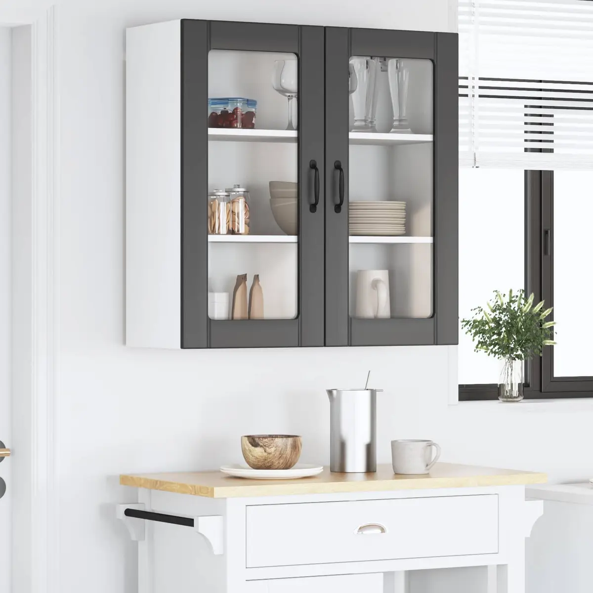 Black Engineered Wood Wall Cabinet Modern 80 x 31 x 80 cm Kitchen Storage Glass