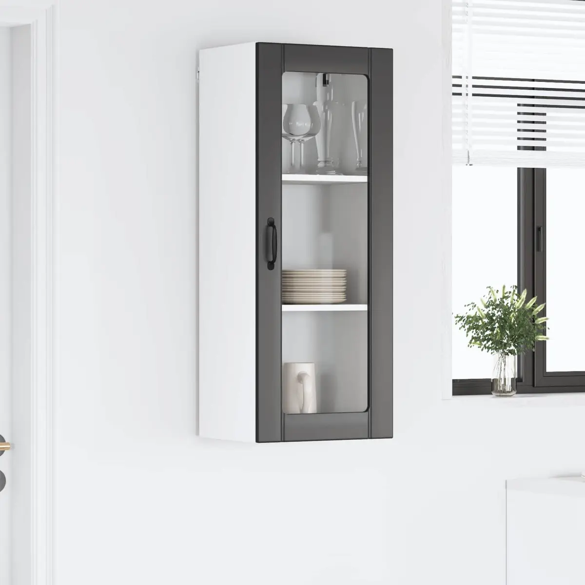 Rectangular Wall-Mounted Glass Cabinet Black Engineered Wood Modern Kitchen Storage