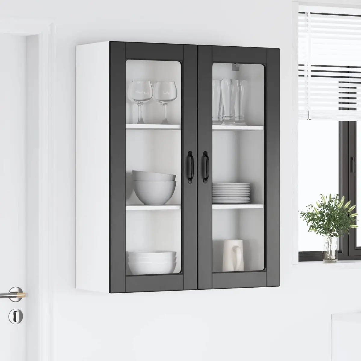 Wall Cabinet Glass Black Engineered Wood 80x31x100cm Contemporary Kitchen Storage