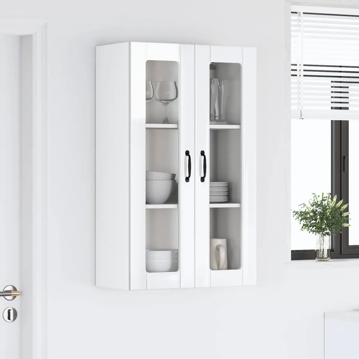 Wall Glass Cabinet Kitchen Storage High Gloss White Engineered Wood 60x31x100cm