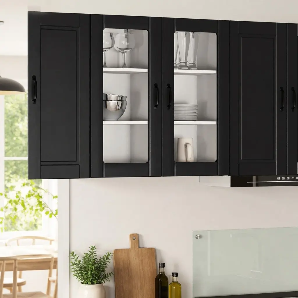 Black Glass Storage Cabinet 40x31x80cm Engineered Wood Wall-Mounted Kitchen Unit with Multiple Shelves and Compartments