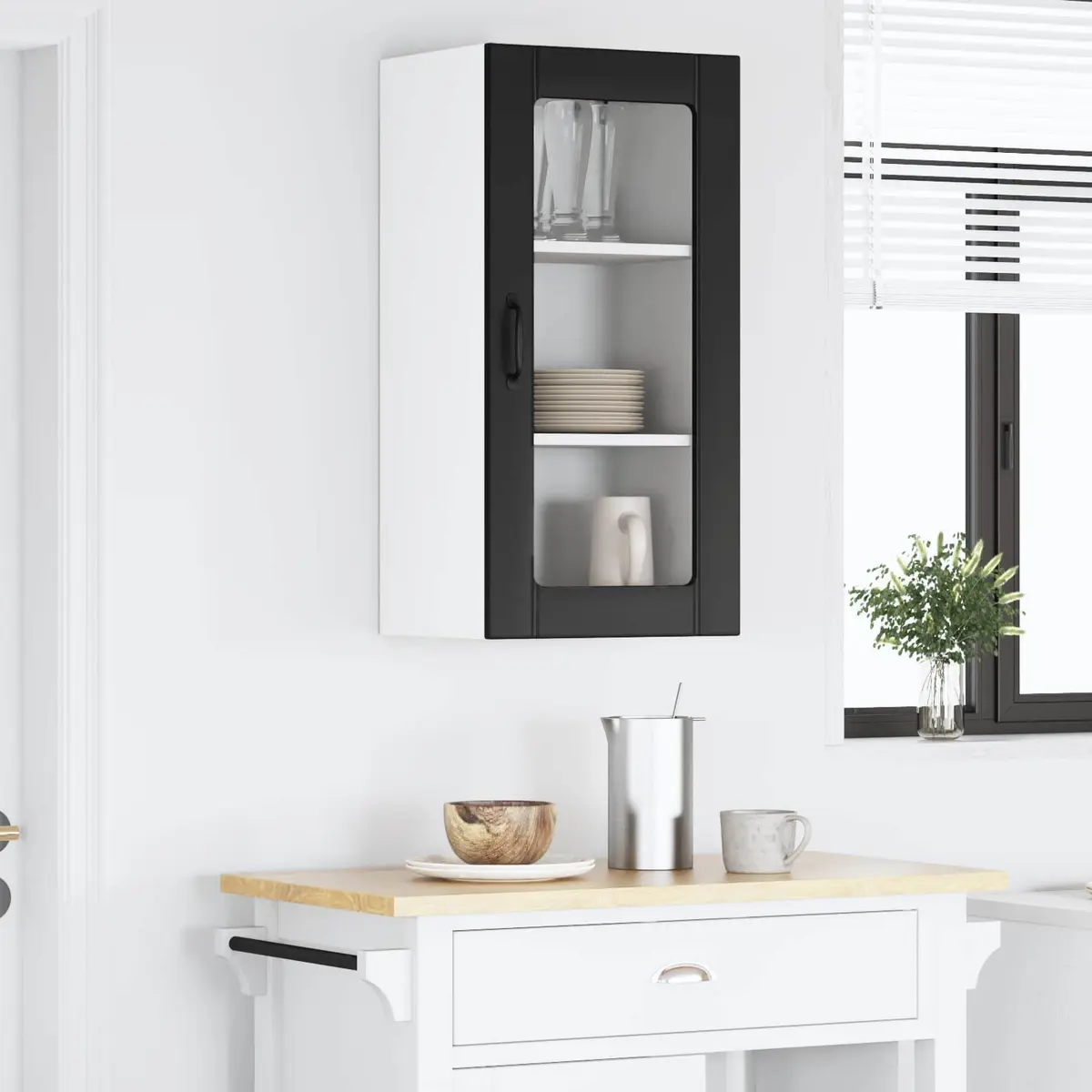 Black Glass Storage Cabinet 40x31x80cm Engineered Wood Wall-Mounted Kitchen Unit with Multiple Shelves and Compartments