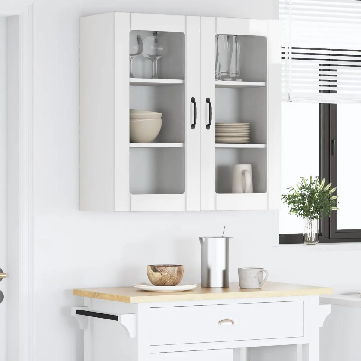 Wall-Mounted Kitchen Cabinet 2-Piece High Gloss White Storage Shelving Unit