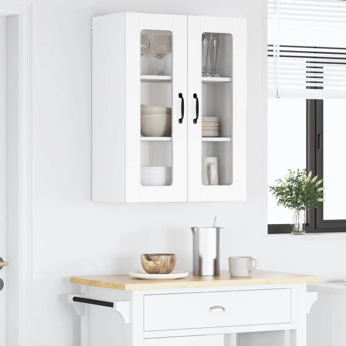 Wall Mounted Glass Kitchen Cabinet White Storage Unit 60x31x80cm Engineered Wood
