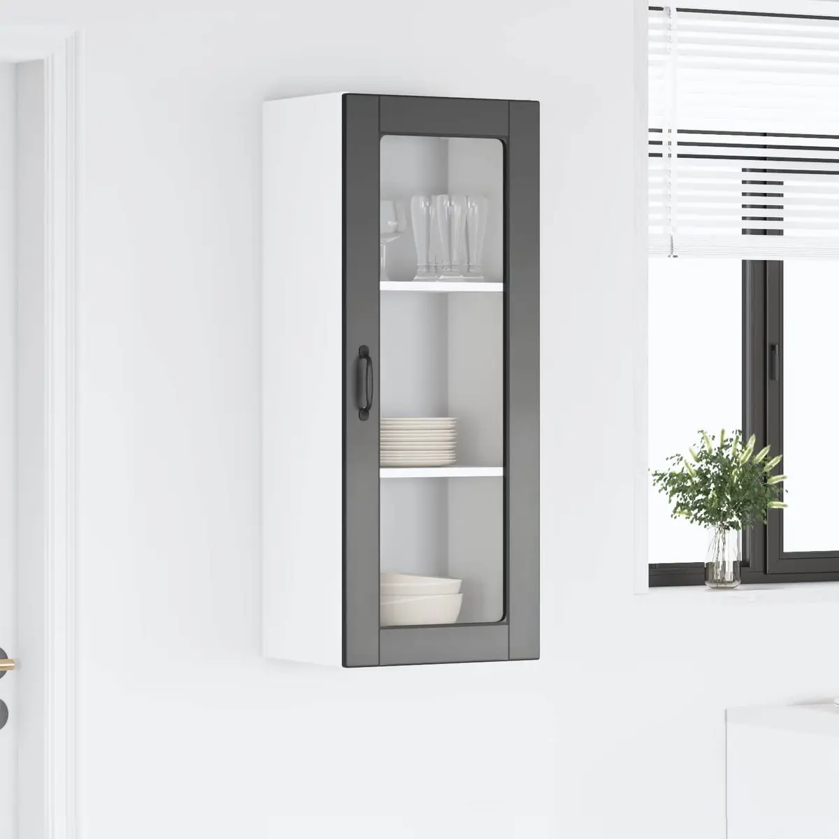 Glass Wall Cabinet Engineered Wood Black 40x31x100cm Modern Kitchen Storage