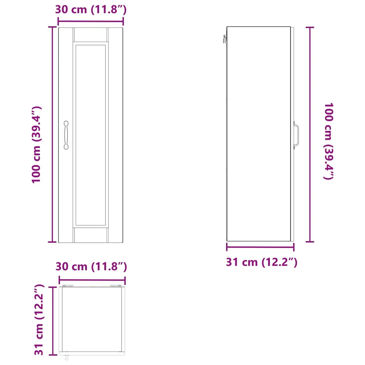 Wall Mounted Cabinet Engineered Wood High Gloss White 30x31x100cm with Multiple Shelves for Kitchen Storage